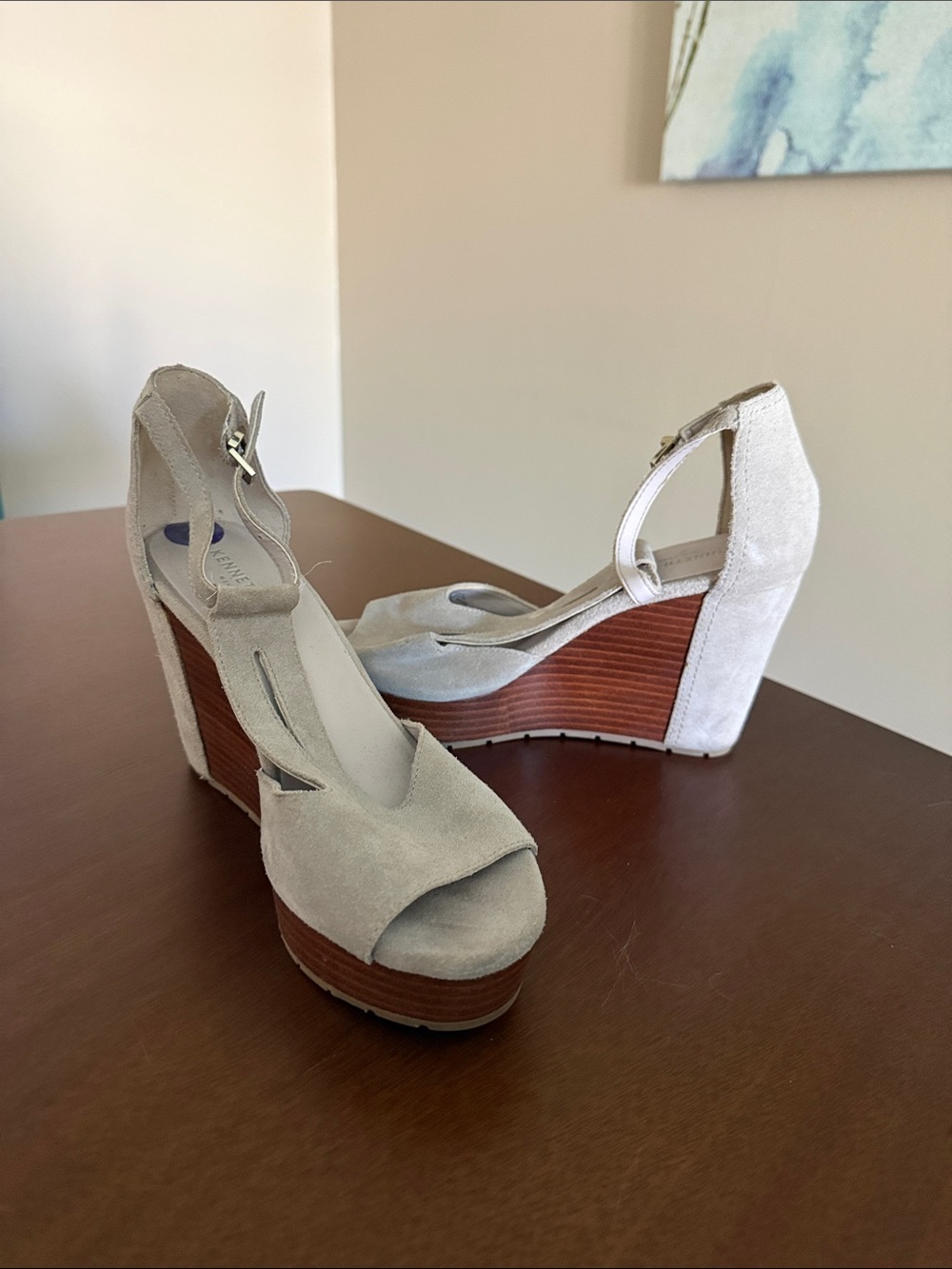 Kenneth Cole Light Gray Suede Peep-Toe Wedge Sandals